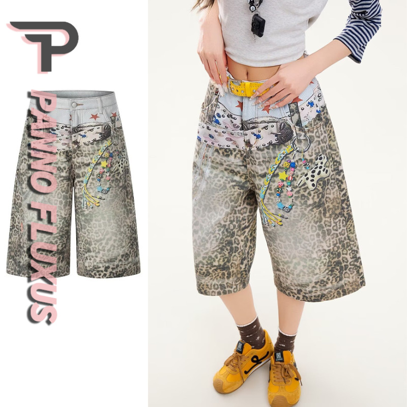 PannoFluxus กางเกงขาสั้นผ้ายีนส์ผู้ชายสไตล์อเมริกันอินเทรนด์สตรีทลายเสือดาวคุณภาพสูงเป็นกลาง