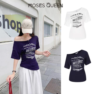 MOSESQUEEN สไตล์เกาหลี เสื้อยืดแขนสั้นลายไหล่เฉียง สำหรับผู้หญิง ทรงกระชับเอว #63649