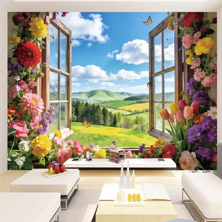 Healing Style Pastoral Window Scenery Tapestry 3D Extension Feeling Garden พื้นหลังผ้า B & B/Live Room Check-in พื้นหลังสาวหัวใจตกแต่งห้องนอน Tapestry [YT]