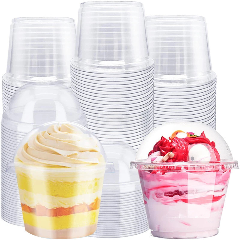 50pcs Plastic Cups with Dome Lids,Crystal Clear Cups,Disposable Dessert Cups for Ice Cream,Fruit,Par