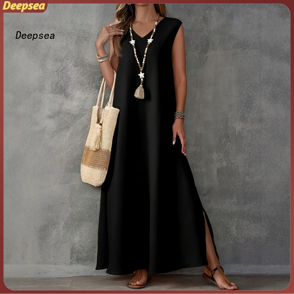 DPA ชุด Maxi แขนกุด ลาย V คอด้านข้าง พร้อมช่องเปิด Sideways Slit สำหรับอากาศร้อน ผ้าเบาสบาย เหมาะสำห