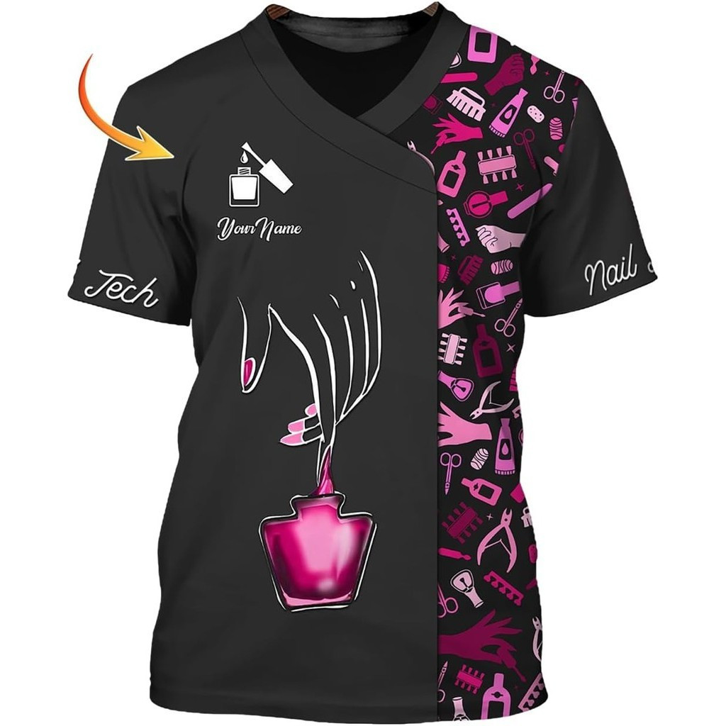 ส่วนบุคคล Nail Tech 3D ทั่วพิมพ์เสื้อยืด, Custom Salon เครื่องแบบแขนสั้น Tees ขนาดเต็ม S-5XL SS2 S-5