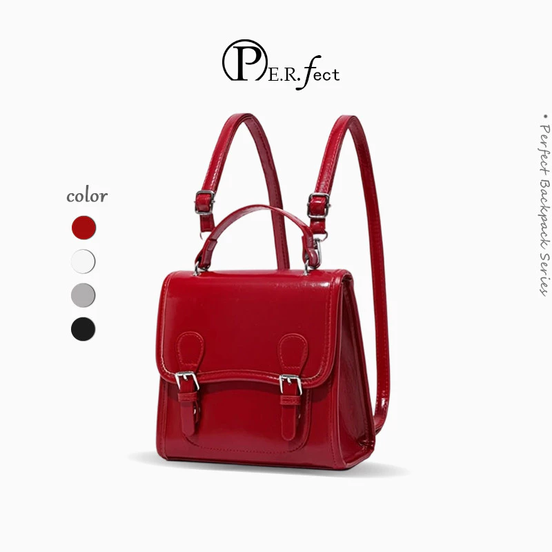 ✨PERFECT✨ กระเป๋าเป้ผู้หญิงสีแดงแว่น สไตล์เกาหลี 2 ฟังก์ชัน เป้+สะพายข้าง หนังแว่นกันน้ำ คุณภาพพรีเมียม 4 สีให้เลือก