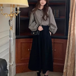 LUNA~Xเวอร์ชันเกาหลี ตาราง ลูกไม้ คอวี แขนยาว เสื้อเชิ้ต รุ่นใหม่