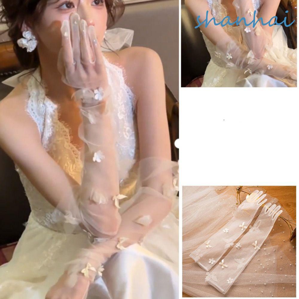 SHANHAI งานแต่งงานเจ้าสาวถุงมือ,หวานวินเทจซาตินถุงมือยาว,แฟชั่นลูกไม้สีขาวยืดหยุ่นนิ้วยาวถุงมือชุดอุปกรณ์เสริม