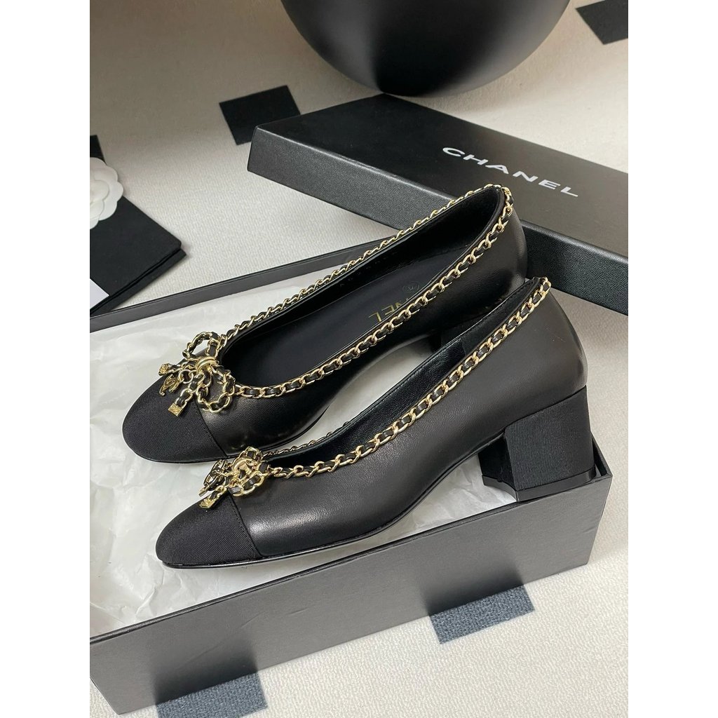 2025.4.3-6ซม. ส้น CHANEL CHANEL CHANEL รองเท้าผูกโบว์โซ่/รองเท้าส้นสูง