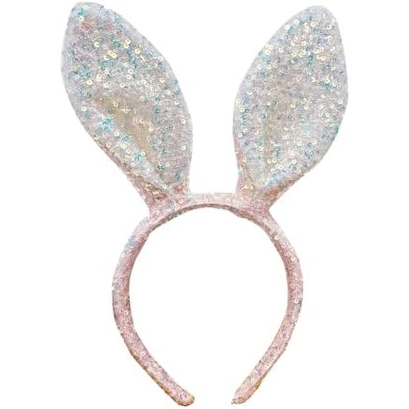Pink Sequins Bunny Ears Headband for Women, Easter Ears Headband for Costume and Party, Sparkling Ea