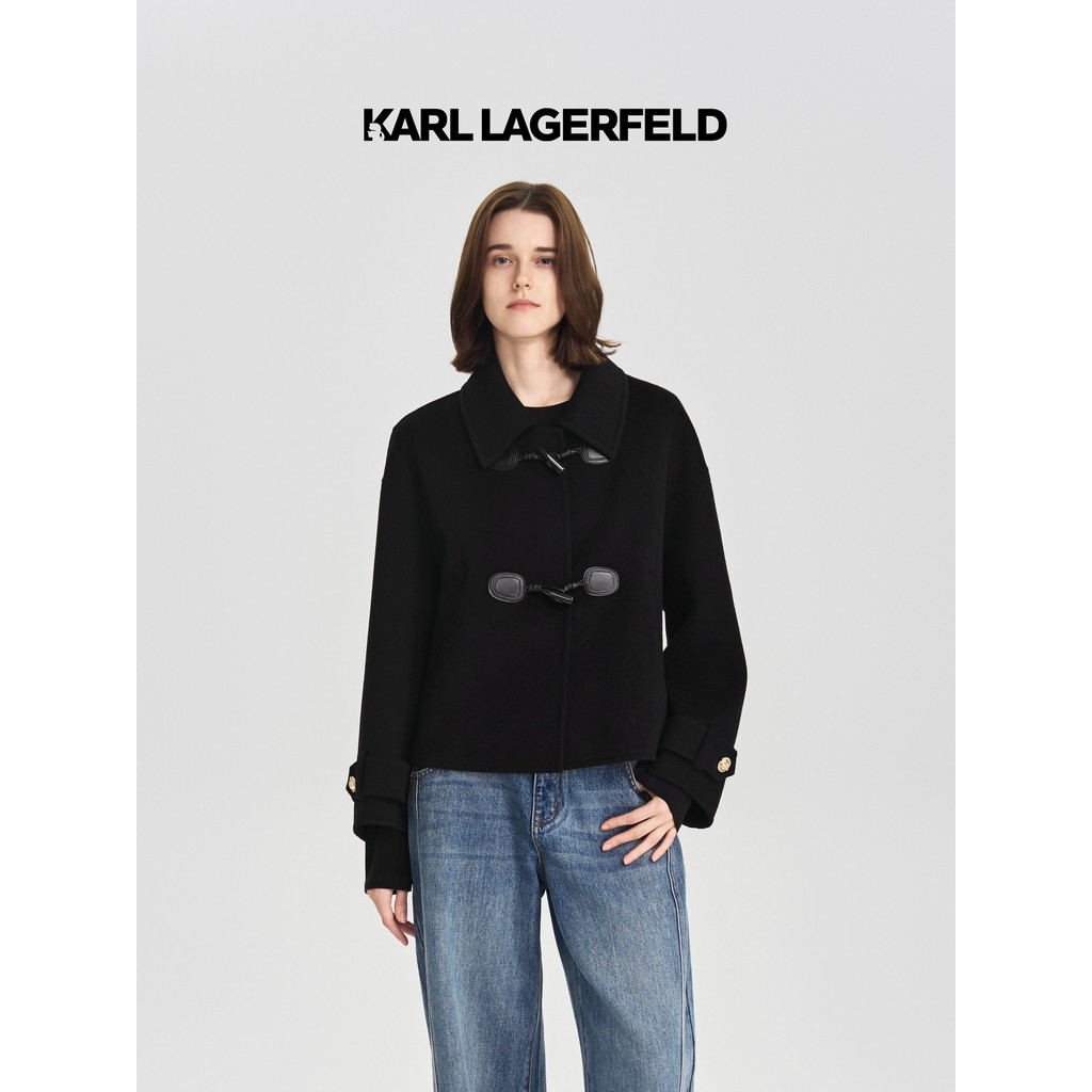 KARL LAGERFELD สีดําฮอร์นหัวเข็มขัดเสื้อแจ็คเก็ตสั้นฤดูหนาวเสื้อผ้าผู้หญิง Lafayette