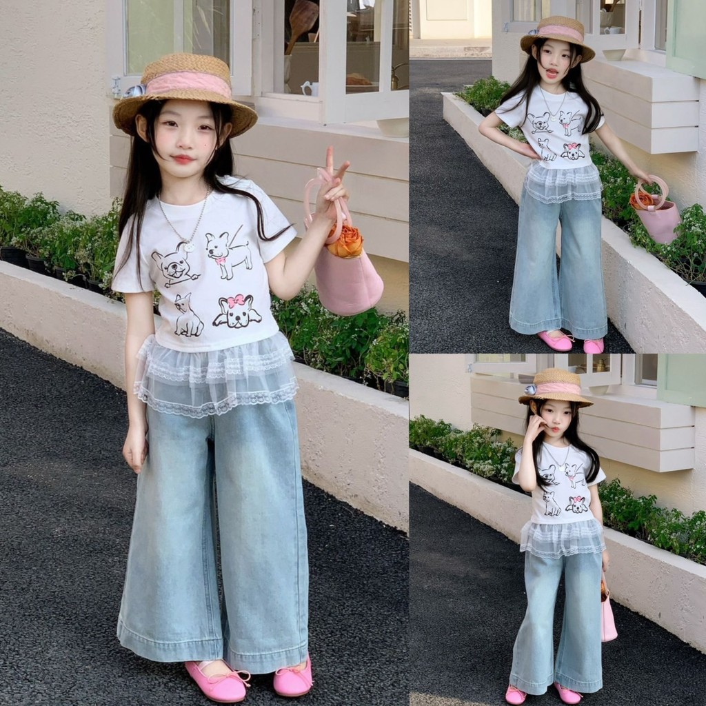 PRETTY BABY เสื้อยืดเด็ก เสื้อยืดคอกลม แต่งระบาย กางเกงยีนส์เด็ก ทรงขากระบอก(2178)