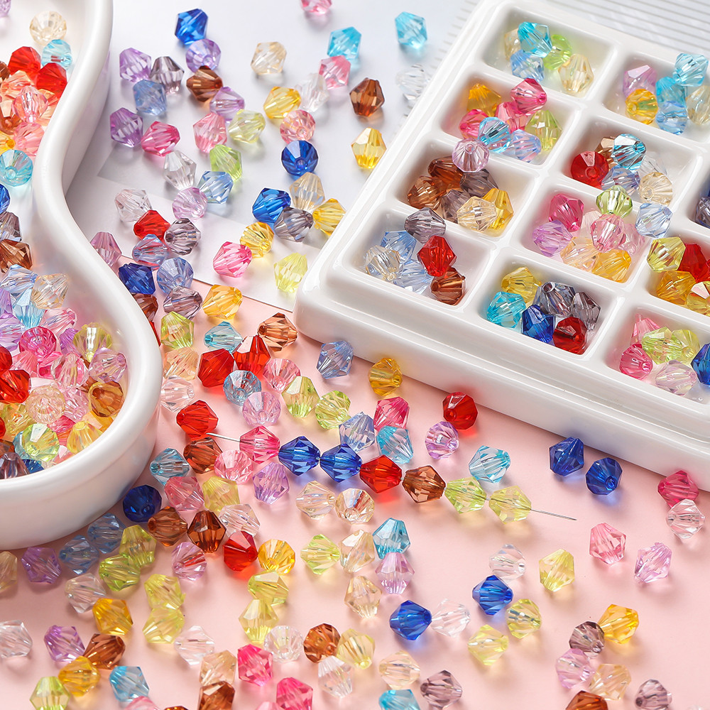 ลูกปัดอะคริลิคทรงกรวยแหลม 4-8mm คละสี ลูกปัดเจียระไนเหลี่ยมใส สำหรับทำสร้อยข้อมือ เครื่องประดับ DIY