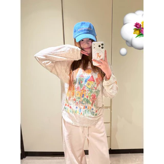 Vogue🌟พร้อมส่ง🌟 เสื้อซีทรูแขนยาวคอกลม ทรงโอเวอร์ไซส์ ลายระบายสีน่ารักๆ ใส่สบาย (FY2149)