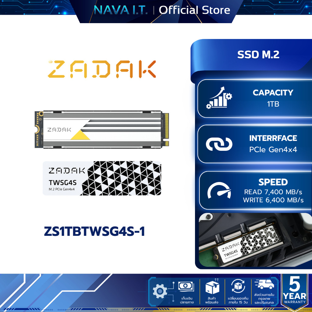 ZADAK SSD M.2 (เอสเอสดี) TWSG4S 1TB PCIe Gen4x4 NVMe 1.4 7,400/6,400 MB/s ZS1TBTWSG4S-1 WARRANTY 5 Y