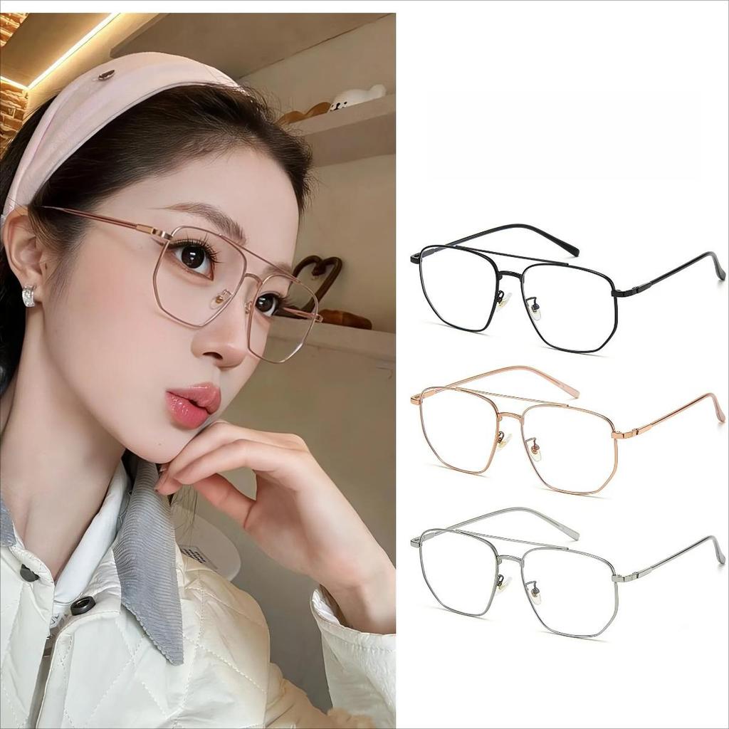 Retro Double Bridge Aviator แว่นตาสําหรับผู้ชายกรอบโลหะสแควร์ป้องกันแสงสีฟ้าเลนส์ใสแว่นตา
