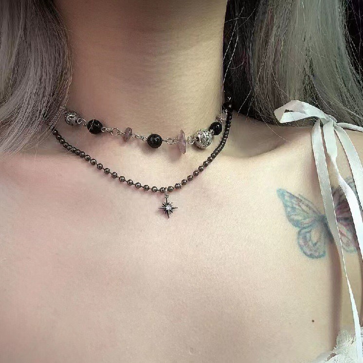 Retro Sweet Cool สไตล์ Double Layer Stacked Sea Urchin สร้อยคอ Niche Design Blackened Star จี้ Clavi