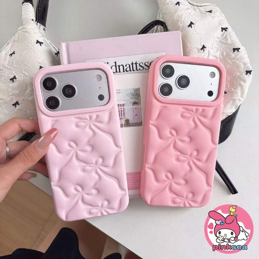 Ins Minimalist 3D พัฟสีชมพู Bowknot เคสโทรศัพท์สําหรับ iPhone 17 16 15 14 13 12 Pro Max แฟชั่นสาวซิลิโคนอ่อนนุ่มกันกระแทกปลอก