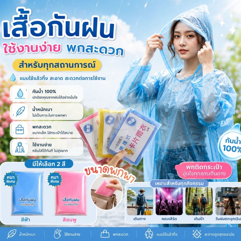 ส่งด่วน เสื้อกันฝน เสื้อคลุมกันฝน ใช้แล้วทิ้ง คละสี ชุดกันฝนสำหรับผู้ใหญ่/เด็ก พกพาสะดวก สำหรับใช้ครั้งเดียว