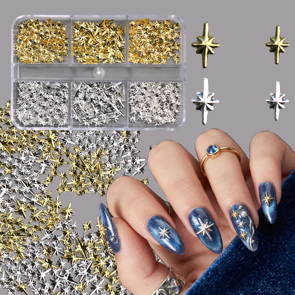 HAMA 3D Gold Silver Star Nail Art Charms โลหะ Studs Sparkly Hollow Star เล็บ Rhinestones Glitter DIY อุปกรณ์ตกแต่งเล็บ