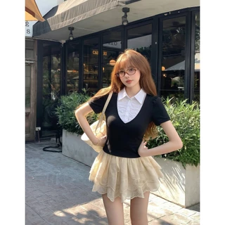B&R พร้อมส่ง เสื้อยืดแขนสั้นครอปปลอมสองตัว เสื้อรัดรูปสไตล์เกาหลีคอลเลจ แต่งตัวไปทำงาน-ไปเที่ยวได้เลย