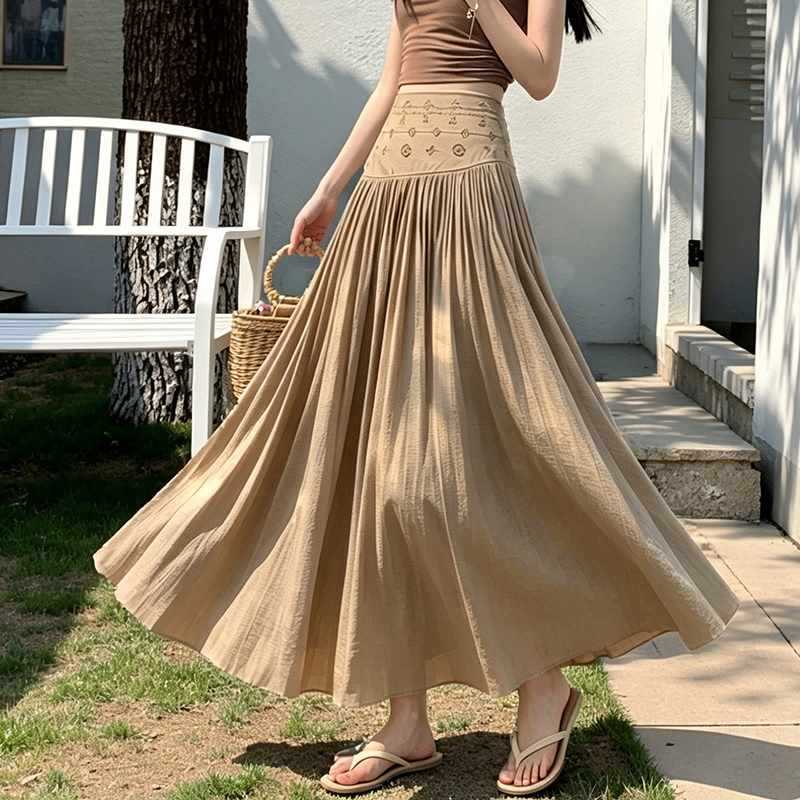 Bohemian Off-White A-Line Maxi กระโปรง Vintage Resort กระโปรงวันหยุด Boho กระโปรงยาวสําหรับผู้หญิง Q