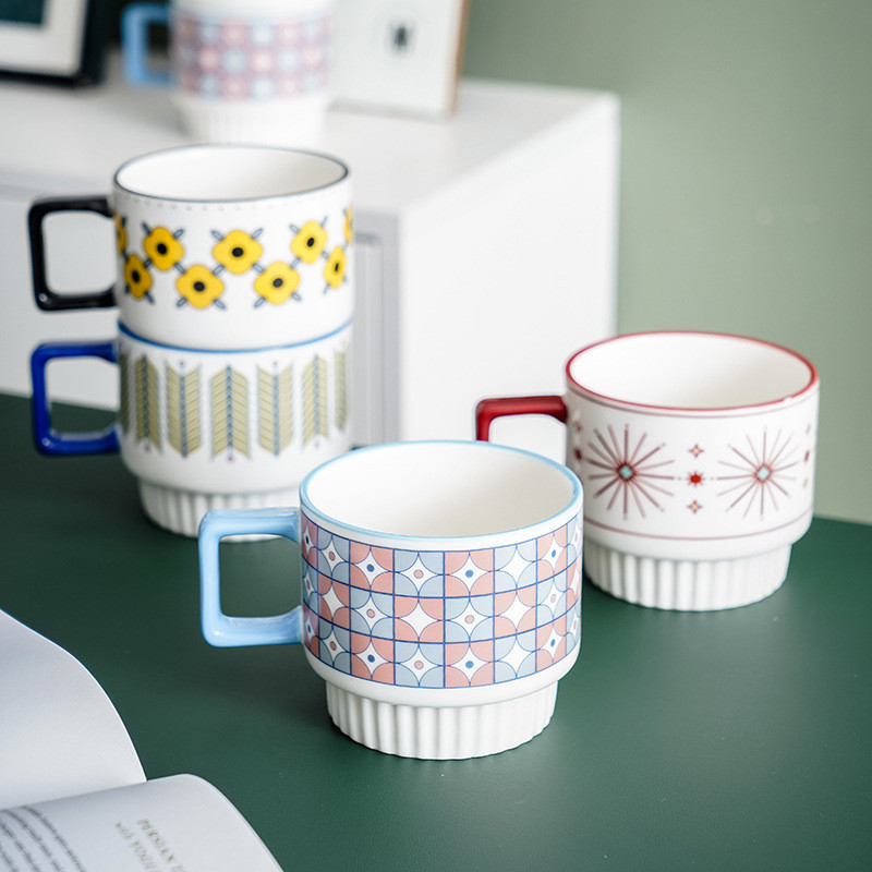 Creative Design Stacking Cup Nordic Style Couple Ceramic Cup Niche Home Office Coffee Cup