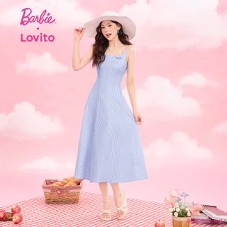 (KOL's pick) Barbie™ X Lovito วันหยุด ชุดเดรสผู้หญิงฤดูร้อนสีฟ้าขาว มีระบาย สไตล์ลําลอง เกาหลี อินเทรนด์ DRBL4PAD016