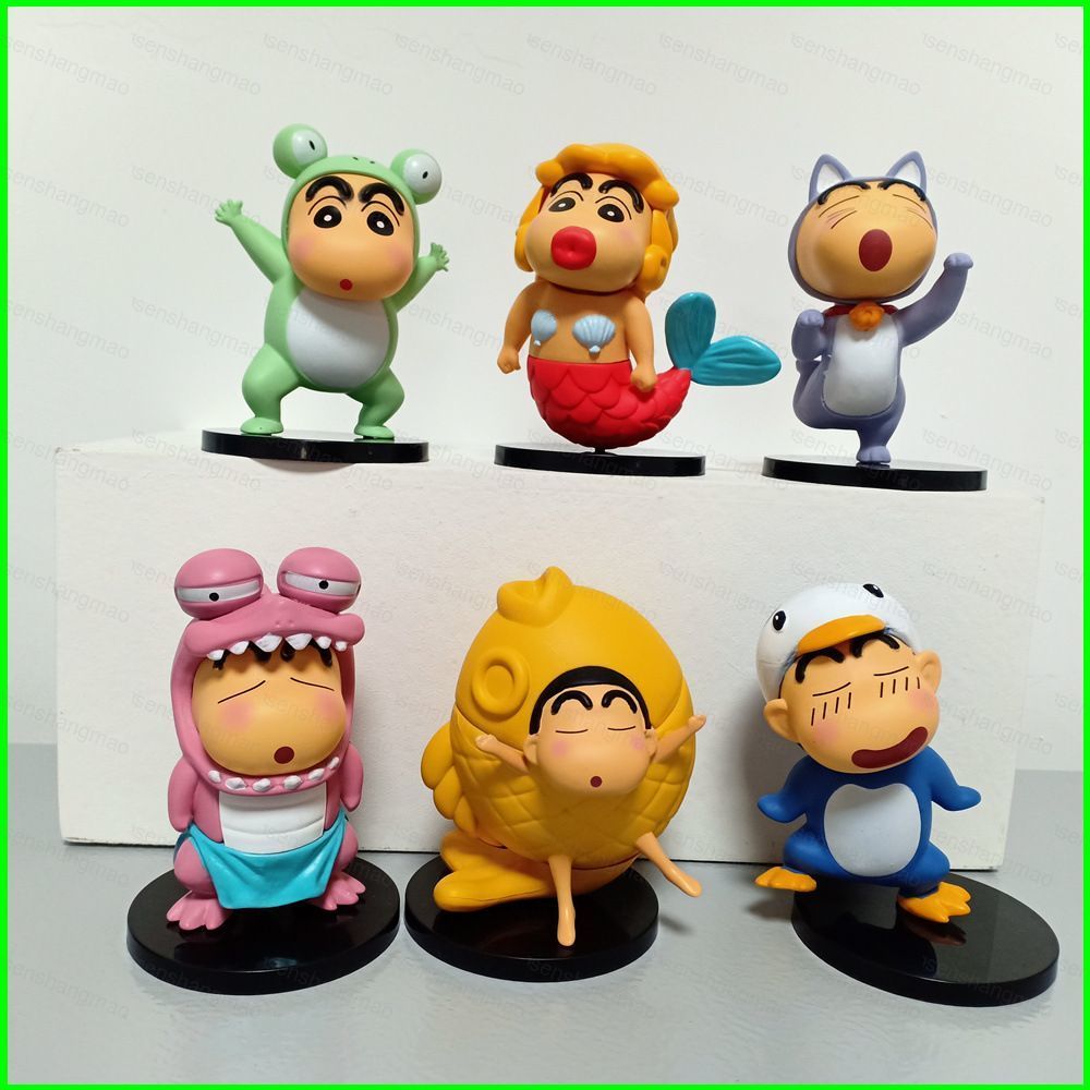 PS1 6pcs Crayon Shin-chan Action Figure คอสเพลย์กบ Penguin Cat Mermaid ปลาตุ๊กตาของเล่นสําหรับเด็ก H