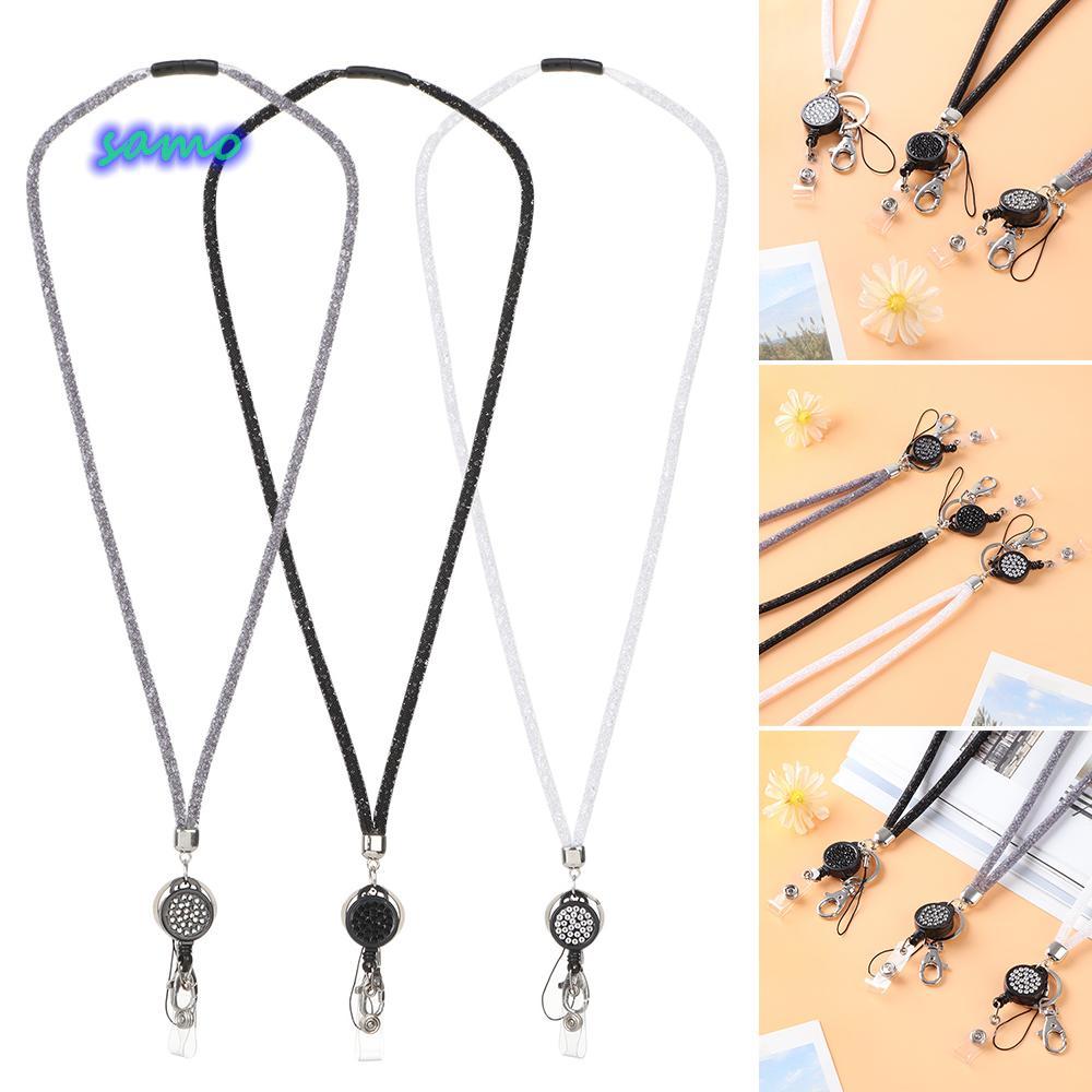 SAMO สายคล้องคอ Shiny Rhinestone Card Holder Nylon Key Ring Safety Clasp
