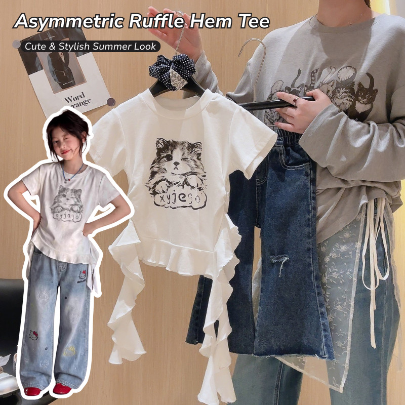 เด็กอินเทรนด์เสื้อยืดนัวเนียอสมมาตร | แมวน่ารักพิมพ์เอวกระชับสัดส่วนสาวฤดูร้อนแขนสั้นด้านบน