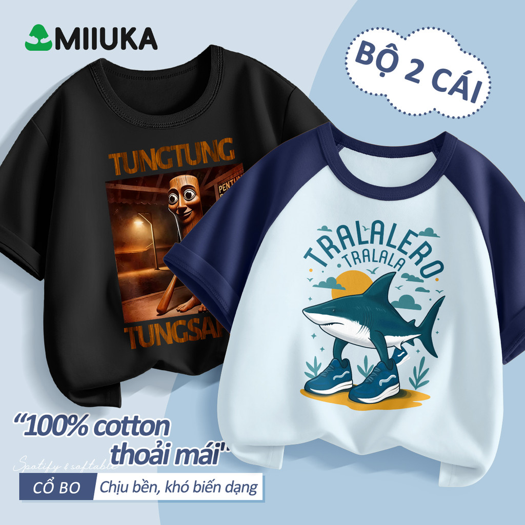 MIIUKA ชุดเสื้อยืดเด็กชายพร้อมเสื้อคอตตอนสุดเท่ 2 ตัว สไตล์ไม่ซ้ําใครสําหรับออกไปข้างนอก (LWD+CJD)