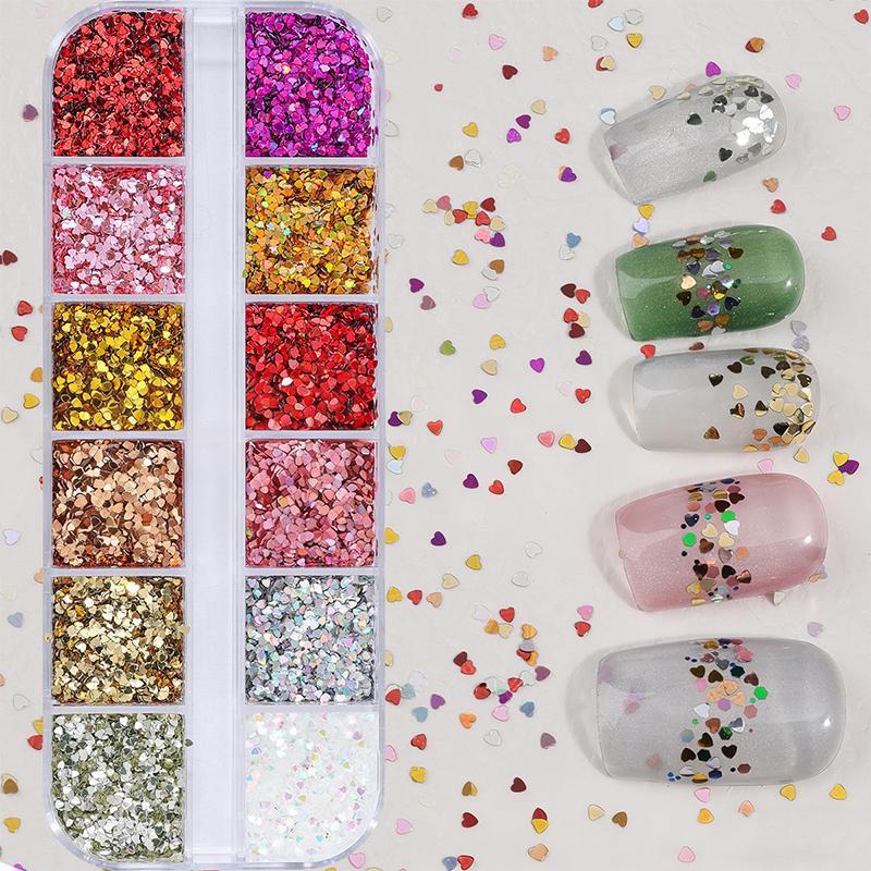 DSTH 1 มม.ผสม Star Heart เล็บ Glitter 12 กริด Creative สีสัน Sequins Kit สําหรับ DIY เล็บ Home Salon ร้อน
