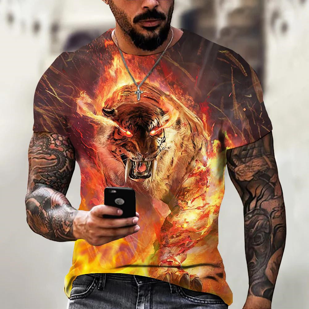 เสื้อยืดพิมพ์ลาย Flame Tiger 3D O-คอแขนสั้นสไตล์พังก์สําหรับผู้ชาย