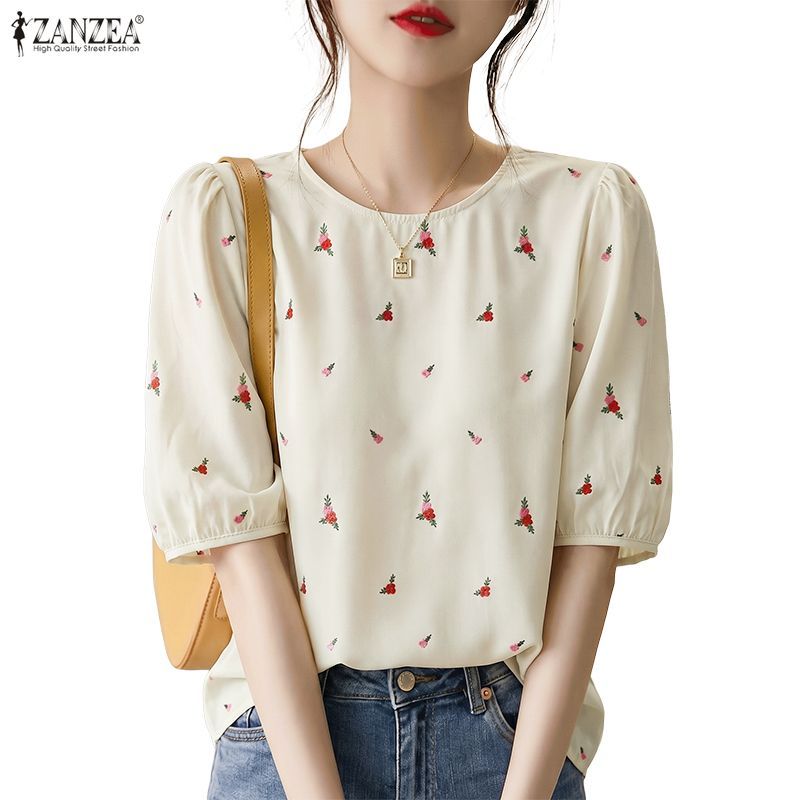ZANZEA เสื้อลายดอกสำหรับวันหยุด ดีไซน์พัฟแขนดอกไม้พิมพ์หลวมพอดีตัว