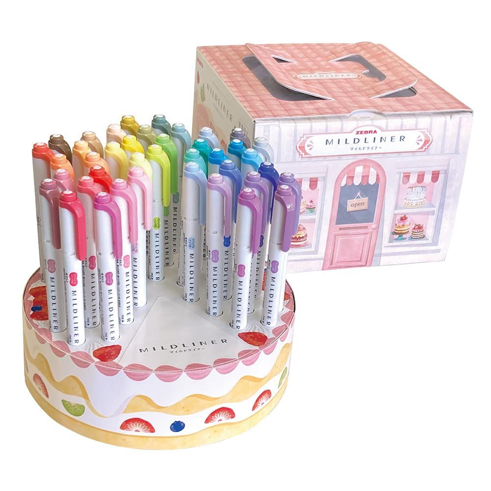 Zebra Mildliner Highlighters, 40 Colors, with Cake-Shaped Pen Holder Set (WKT7-40-CAKE)