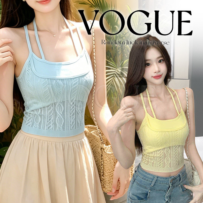 Vogue🌟พร้อมส่ง🌟 เสื้อสายเดี่ยว ลายถักสวยๆ ดีเทลเชือกคล้องคอ ใส่เที่ยวทะเล สีสันสดใส (FY6641)