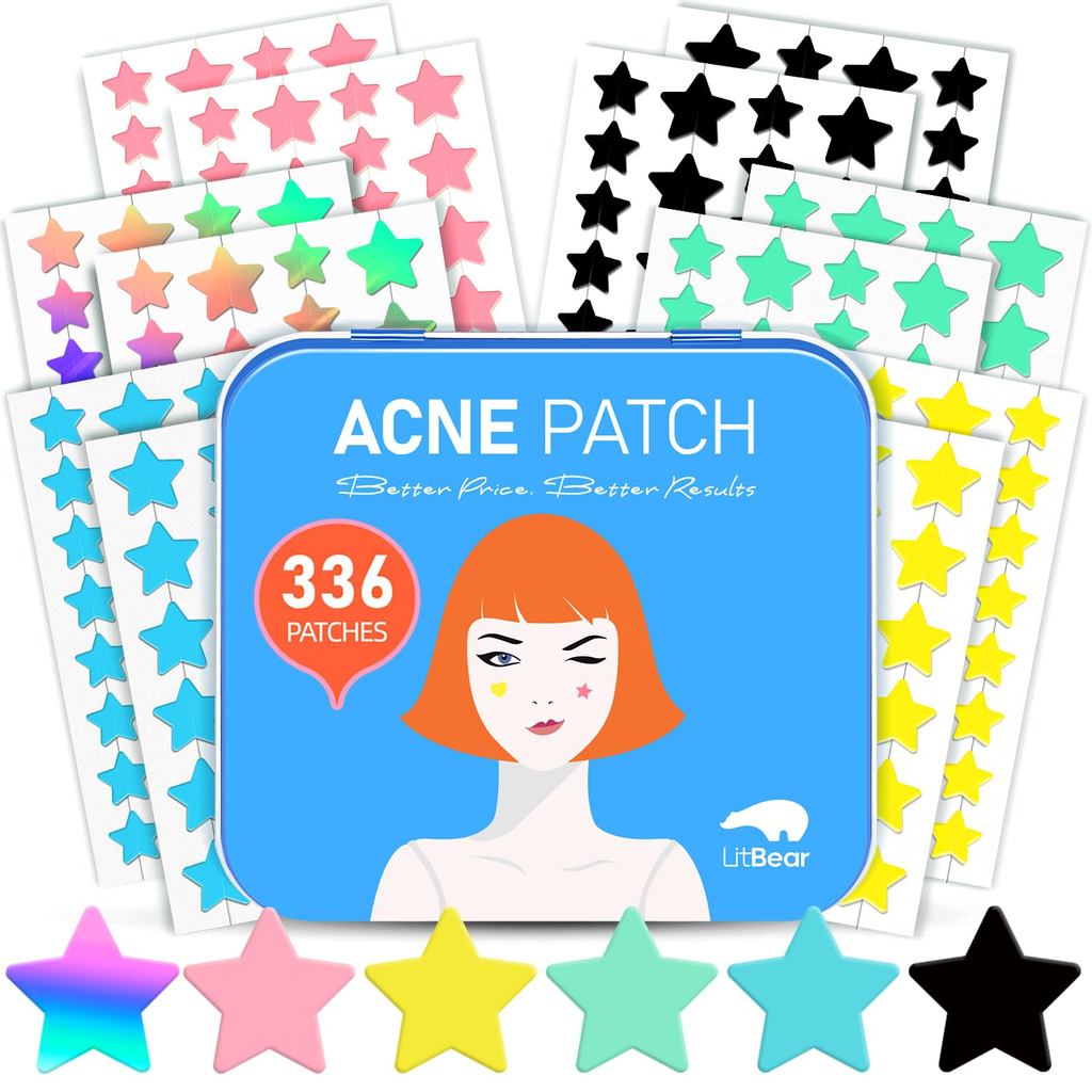 LitBear Acne Patch แผ่นแปะสิว, 6 สี 336 Dots Star Pimple Patch พร้อม Tea Tree Oil & Centella Oil, Hy