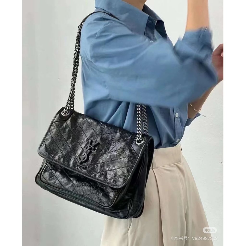 YSL Niki กระเป๋าメッセンジャーバッグ หนังโคแท้เคลือบزيท์ สะพายไหล่ได้