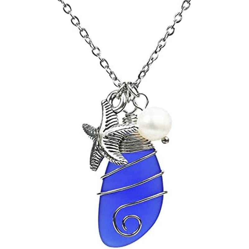 Sea Glass Necklace, Wire Wrapped Beach Necklaces, Sea Glass Jewelry, Handmade Blue Beach Jewelry for