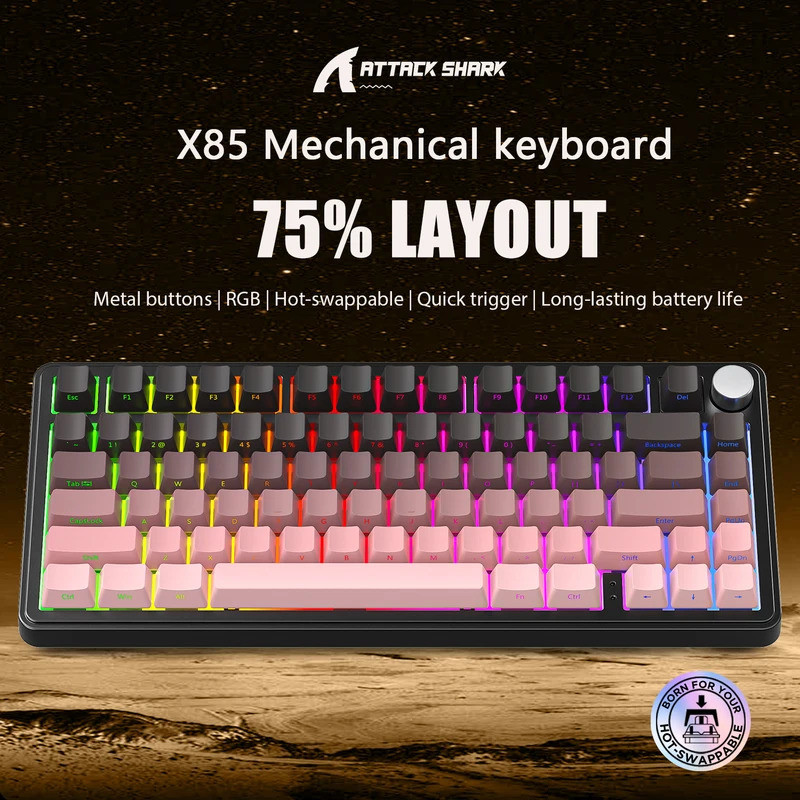 X85ATTACKSHARK Gaming Keyboard Wireless with Meta Knob, RGB Bluetooth Three-Mode Mechanical Keyboard