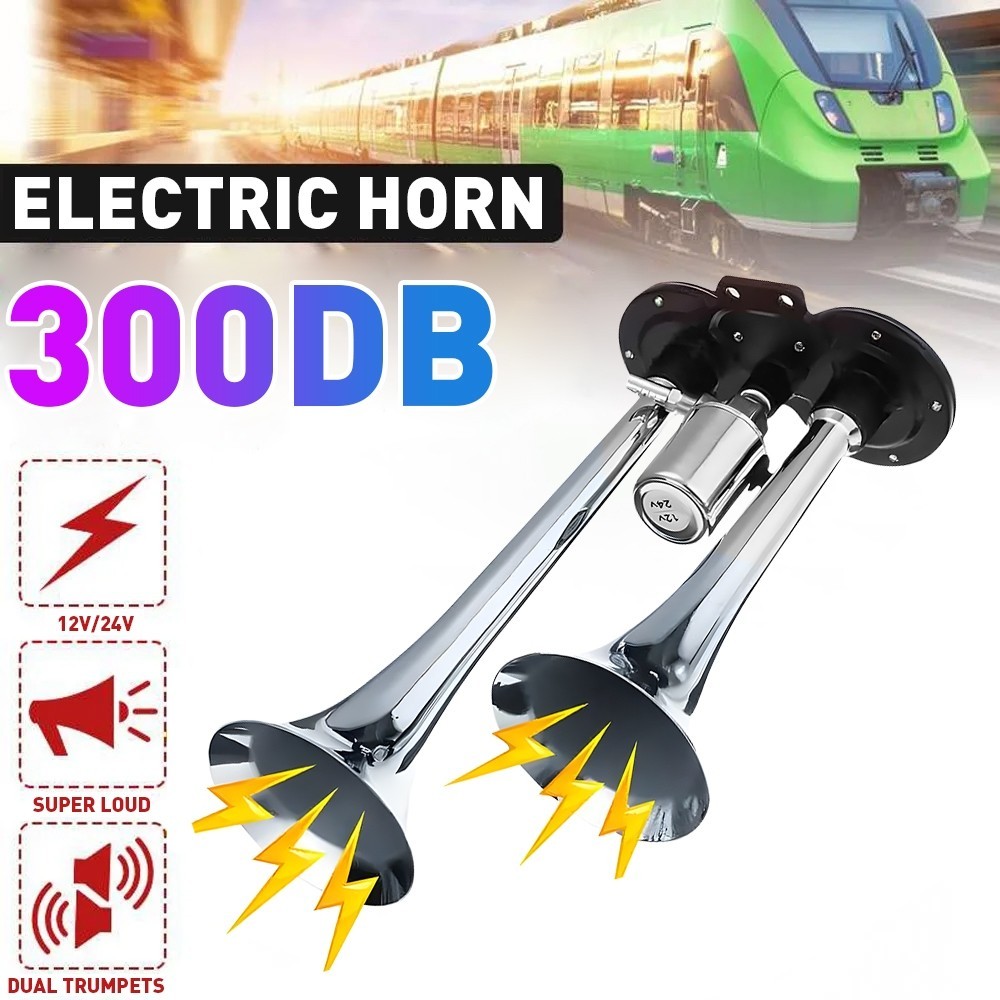 แตรลมไฟฟ้า12v แตรลมรถบรรทุก 300db /600db ปากคู่ 2ปาก 12V (สีเงิน)เสียงดังสุดยอดแบนด้านล่างรถแตรอากาศ