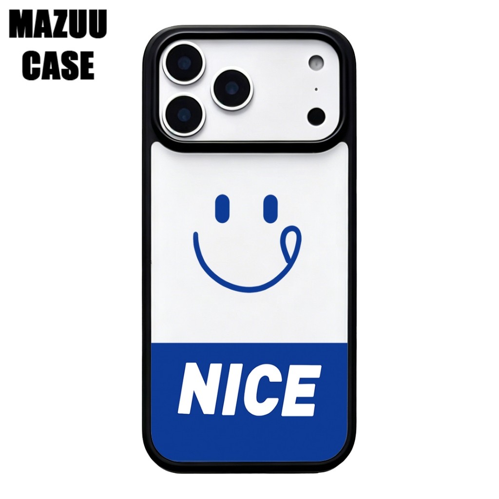 เคสไอโฟน TPU ขอบดำ หลังแข็งใส ลายหน้ายิ้มสีน้ำเงิน “NICE” สไตล์มินิมอล สำหรับ iPhone 17 16 15 14 13 12 11 Pro Max Plus