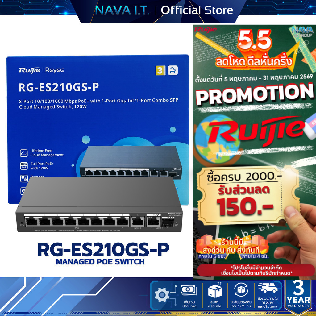 Ruijie Reyee RG-ES210GS-P Port Gigabit Smart Cloud Managed PoE Switch รับประกัน 3 ปี