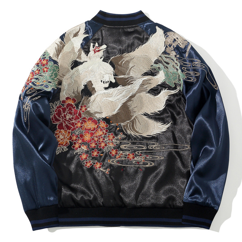 Yokosuka Heavy Industry Nine-Tailed Fox ฤดูใบไม้ผลิฤดูใบไม้ร่วงแจ็คเก็ตปักผู้ชายผู้หญิงคู่เบสบอล Cas