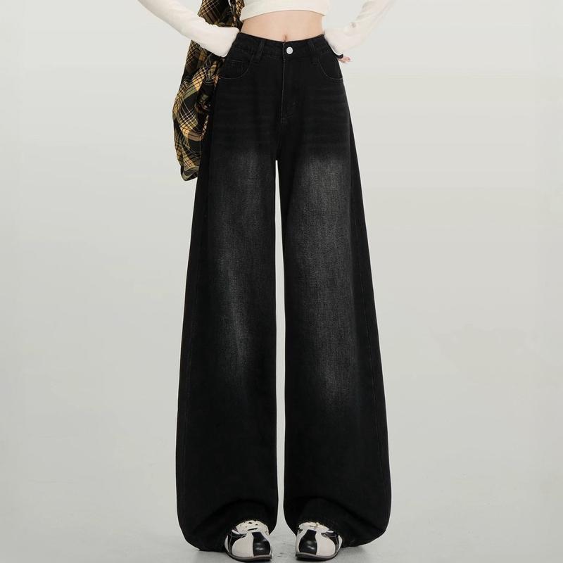 #607 [XS-9XL] jinjeans กางเกงทรงกระบอกกลางสีดำฟอก แต่งเฟด Baggy jeans