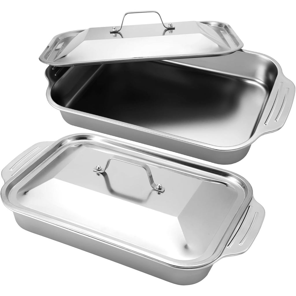 Funnymoom 2 ชุดสแตนเลส Lasagna Baking Pan พร้อมฝาปิด 9 x 13 นิ้วลึกสี่เหลี่ยมผืนผ้าเค้กขนมปัง Loafs 