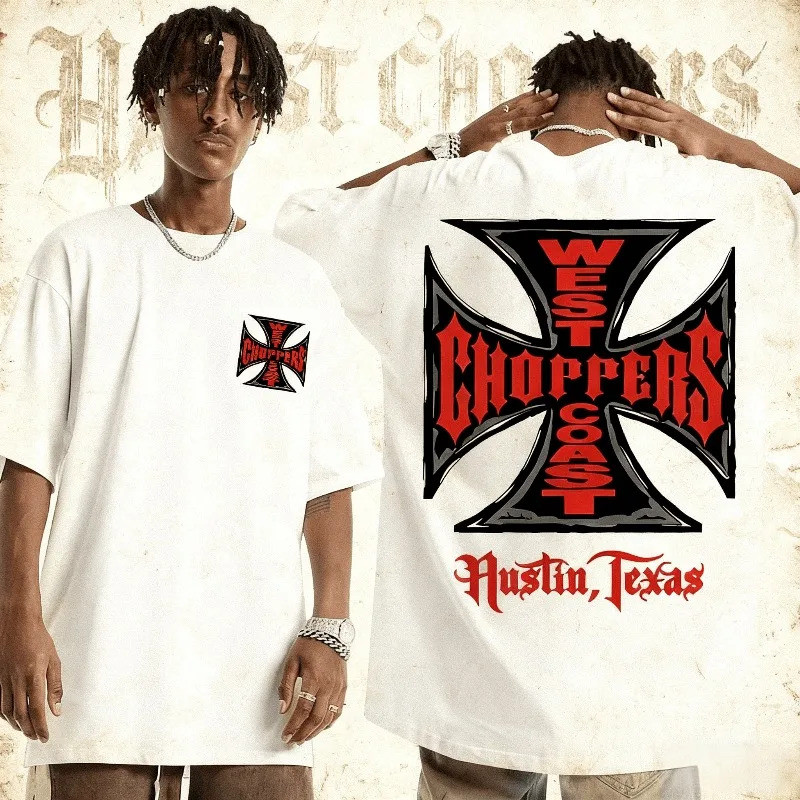 [มีสินค้าในสต็อก] เสื้อยืดพิมพ์ลายไอรอนครอสของ Lare Men's West Coast Chopper สไตล์ฮาราจูกุสตรีทแวร์ส
