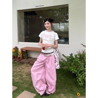 American Polka Dot Contrast Color Stitching Overalls ผู้หญิงหลวมกางเกงกีฬาขากว้าง