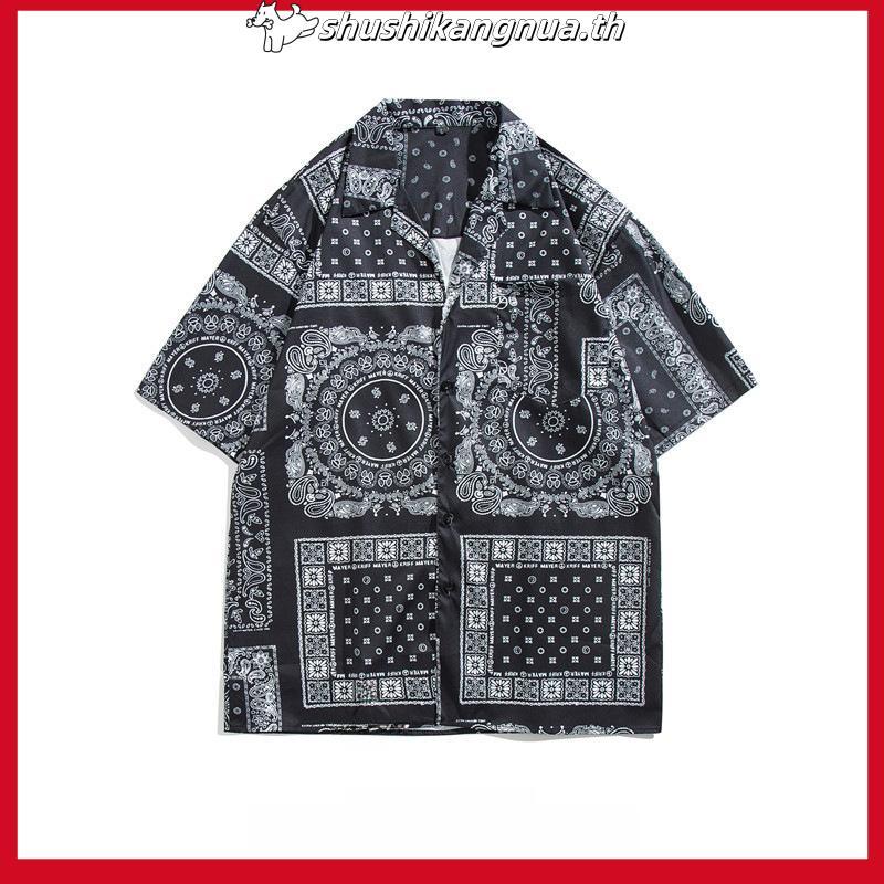 Eashion พร้อมส่ง Cod เสื้อเชิ้ตแขนห้าส่วน ทรงหลวม ลายดอกไม้ สไตล์เกาหลี แฟชั่นฤดูร้อน สําหรับผู้ชาย 