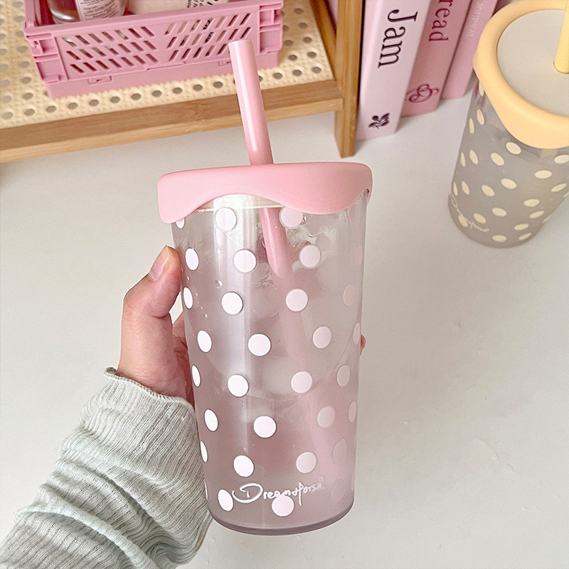 500ml แก้ว Tritan ลายจุดชมพูเกาหลี ปลอดBPA กันรั่ว น่ารัก สาวๆ/นักเรียน/สายชานม
