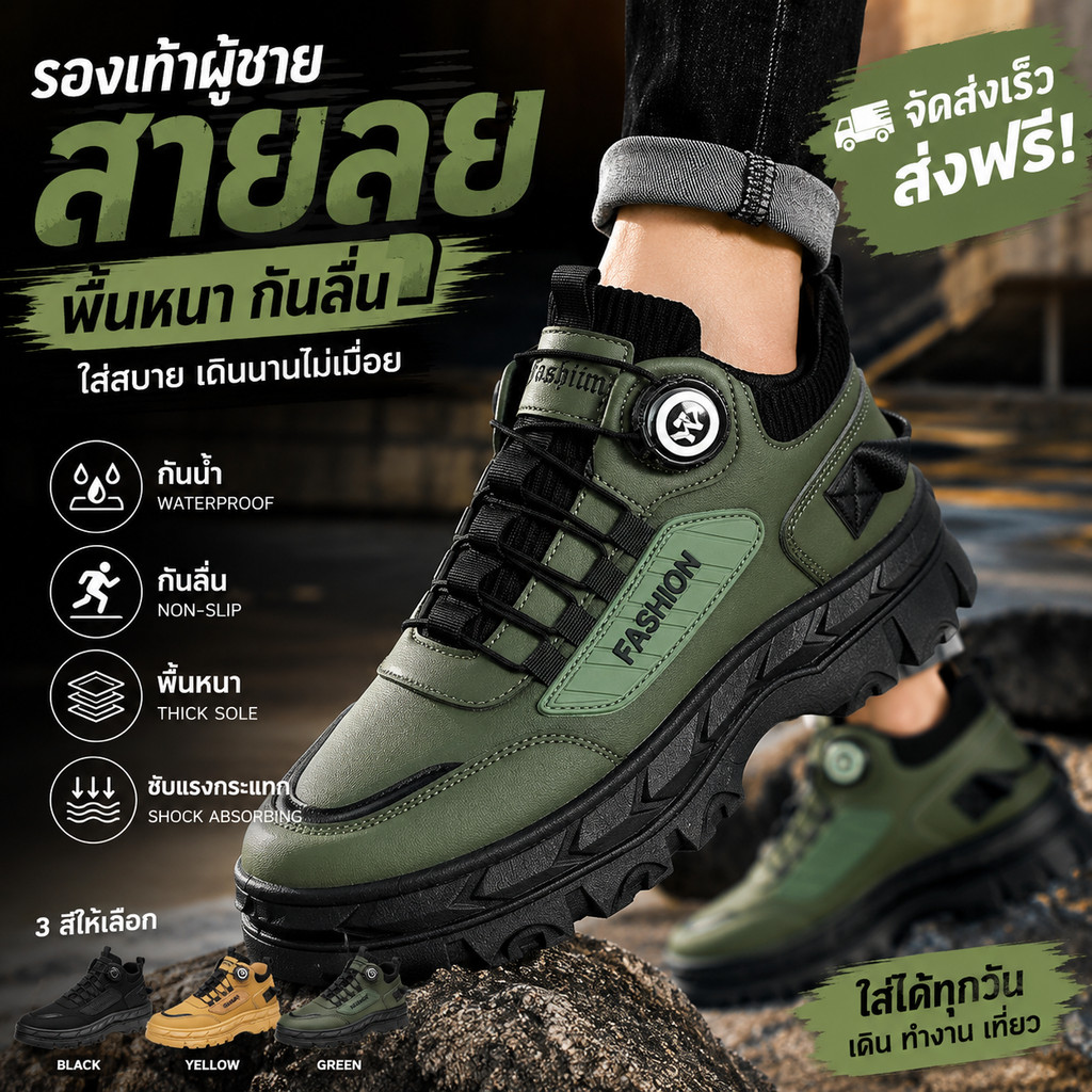รองเท้าผู้ชายพื้นหนา กันลื่น ใส่สบาย รองเท้าแนวลุย ใส่ทำงาน เดินเที่ยว เดินนานไม่เมื่อย
