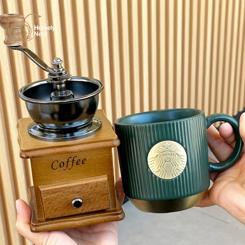 สตาร์บัคส์ ถ้วย แก้วกาแฟ 340มล - ถ้วยเซรามิกลายสีเขียวเข้มแก้วกาแฟคลาสสิกสําหรับของขวัญโฮมออฟฟิศ